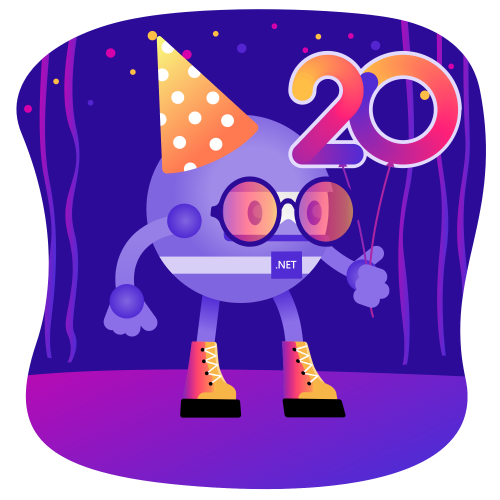 dotnet bot wearing a party hat, high tops, and gradient glasses holding a 20 balloon