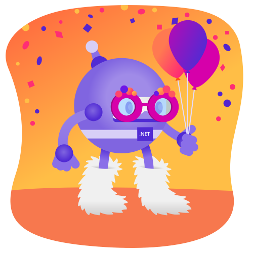 dotnet bot wearing boots and garland glasses holding three balloons