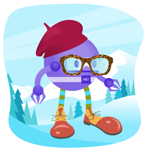 Clown dotnet bot with beret on a snow mountain